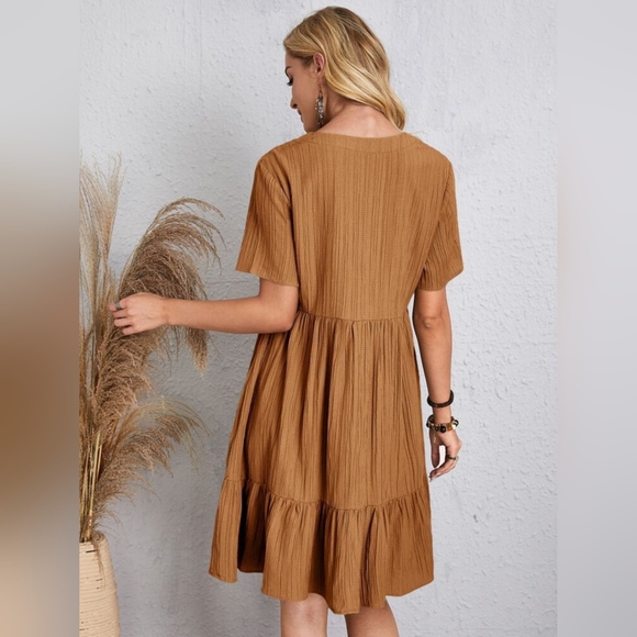 Full Size V-Neck Short Sleeve Caramel Midi Dress - Picture 3 of 5